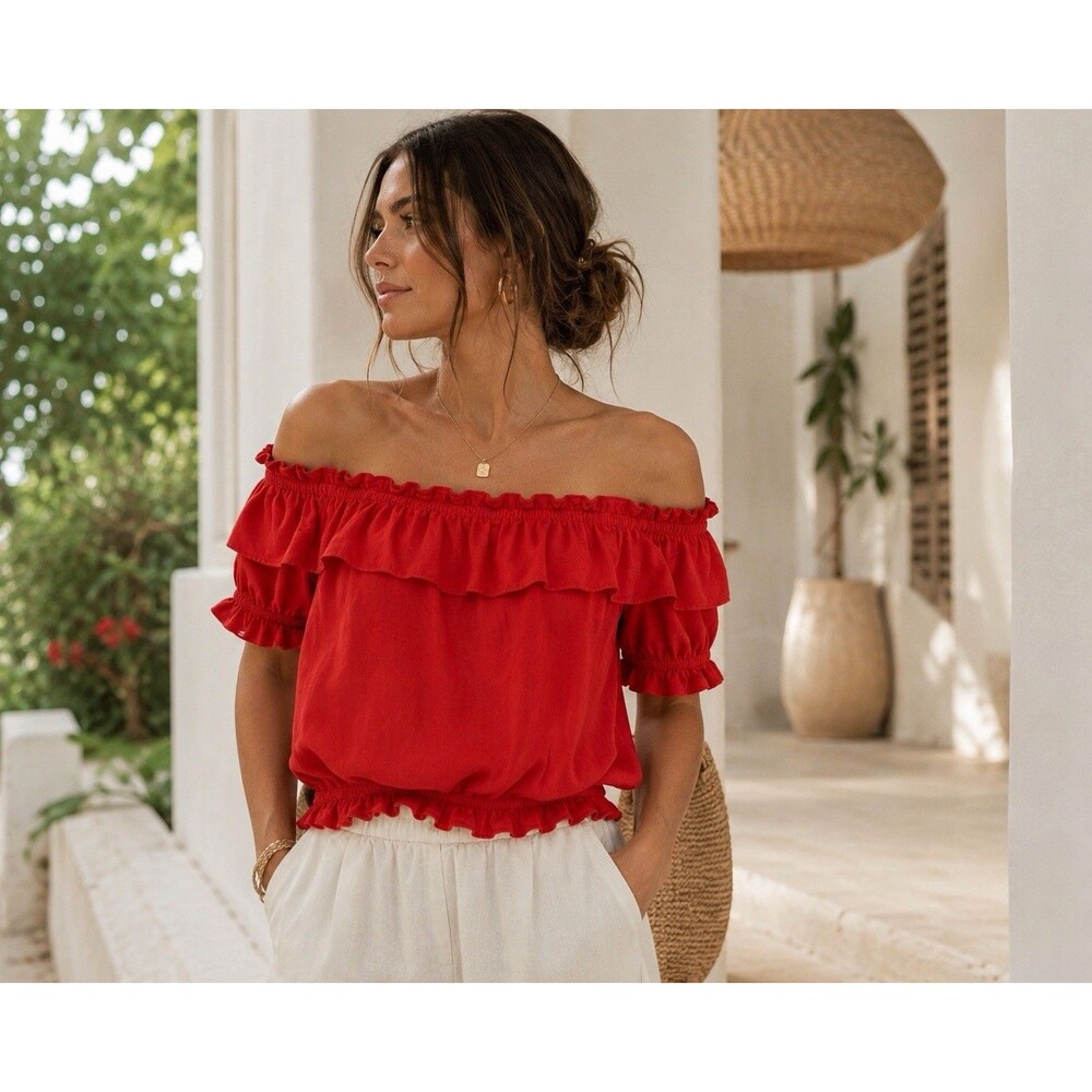 Marc New York Andrew Marc Red Linen Off Shoulder Ruffle Blouse Women’s M